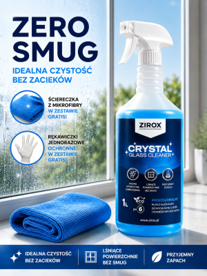 Płyn do szyb ZIROX ZERO SMUG + ściereczka PRO | bez smug i zacieków 1L