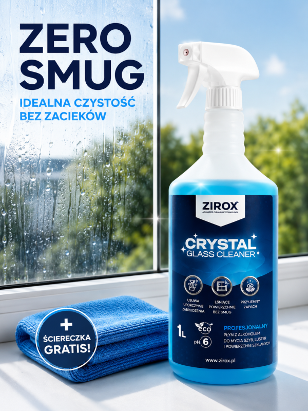 sciereczka Płyn do szyb ZIROX ZERO SMUG + ściereczka PRO | bez smug i zacieków 1L