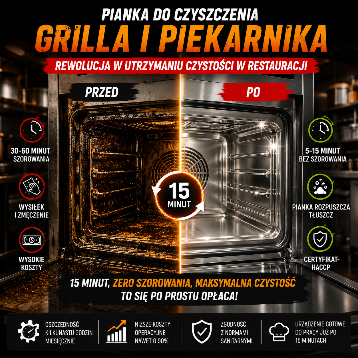 Jak wyczyścić grill i piekarnik w restauracji bez szorowania? Pianka czyszcząca, która działa w 15 minut 1 altJak wyczyscic piekarnik w restauracji – porownanie przed i po czyszczeniu