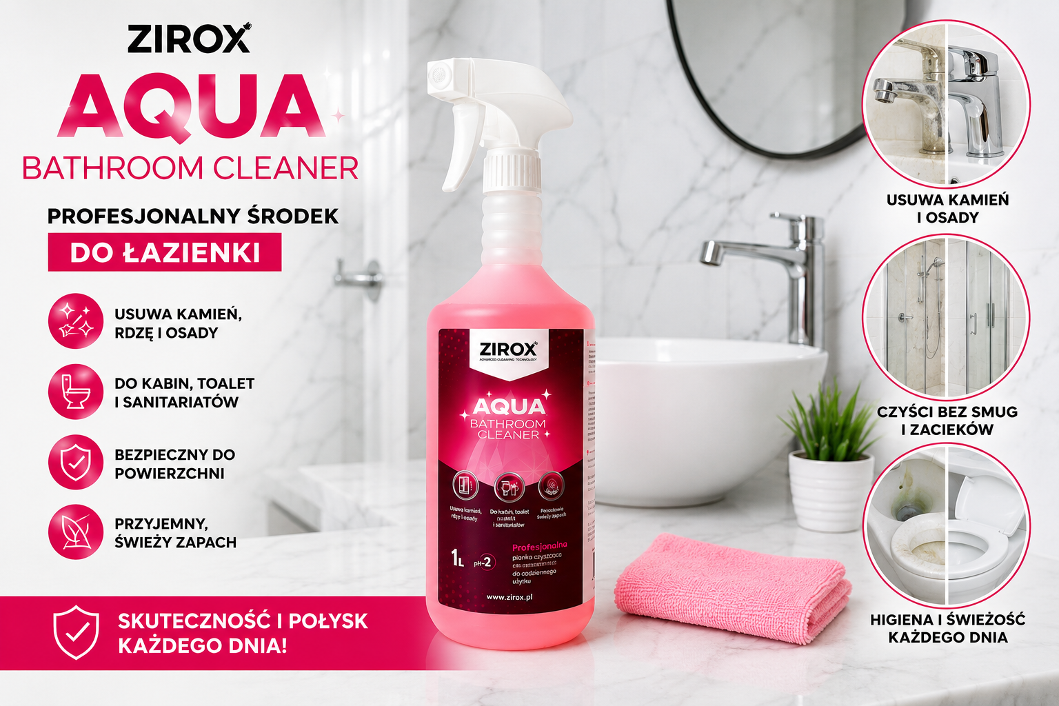 5-minutowy system czystości w restauracji: Jak profesjonalne środki do kabin i toalet ZIROX skracają czas sprzątania przy zachowaniu standardów higieny 1 alt=Zirox Aqua Bathroom Cleaner – środek do czyszczenia łazienki